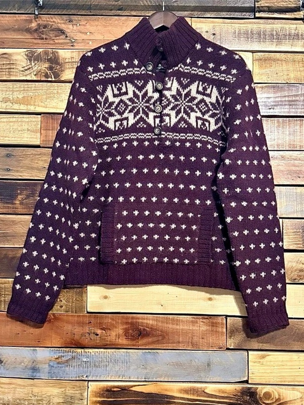 Vintage 90s Abercrombie & Fitch Maroon 100% Wool Nordic Fair Isle Sweater XL